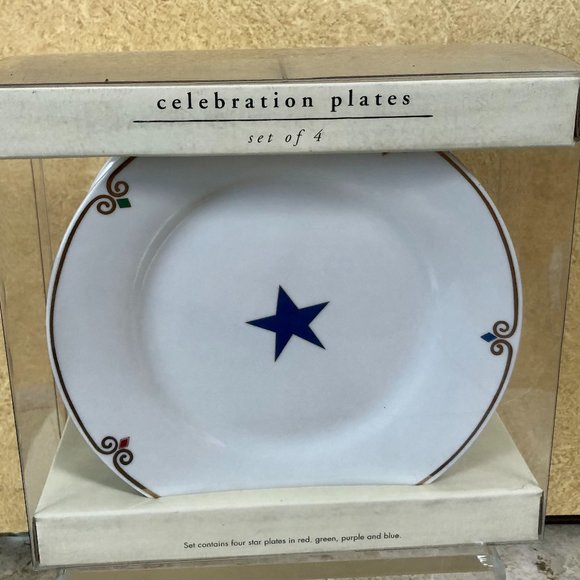 Pier 1 Celebration STAR Plates Set 4 Salad Dessert New NIB Red Green Purple Blue - Picture 1 of 4